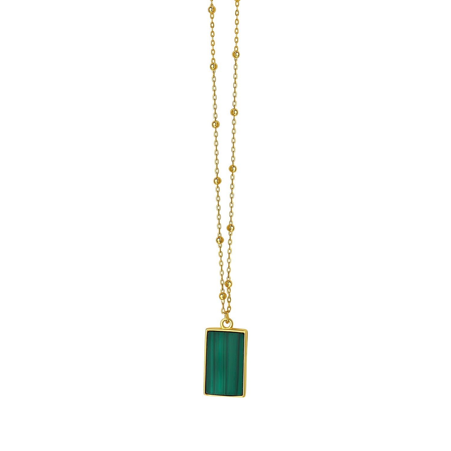 Malachite Geometric Rectangle Necklace in 14K Yellow Gold in a sleek high-contrast midnight luxury editorial style